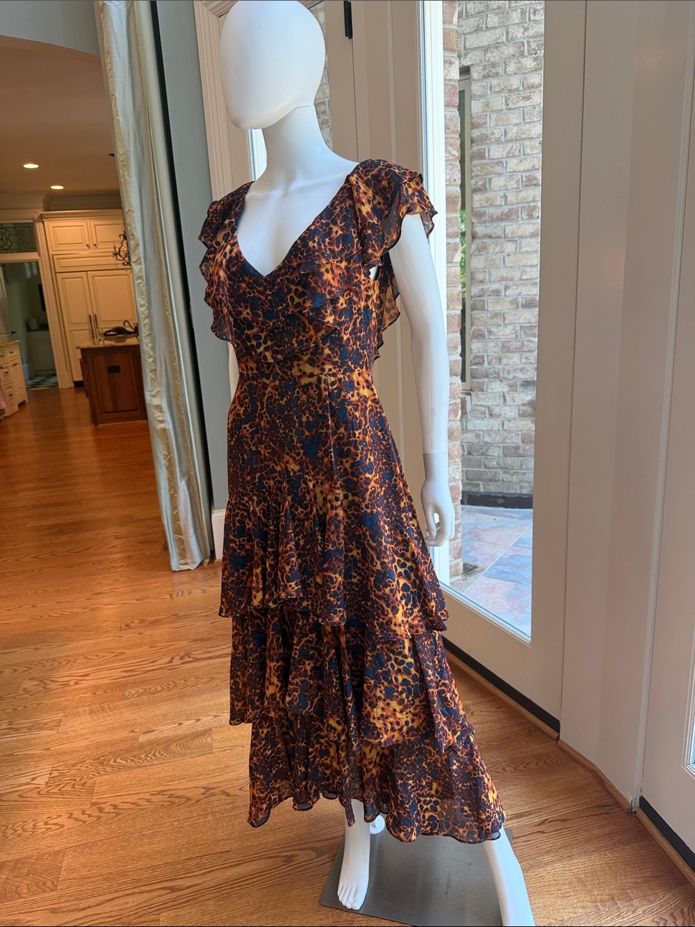 Wayf Navy and Burnt Orange Tiered Ruffle V-Neck Maxi Dress